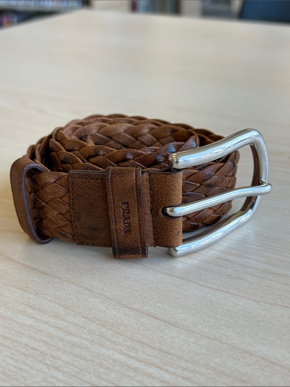 PRADA braided woven leather brown tan distressed belt 90 cm 36 inch preppy